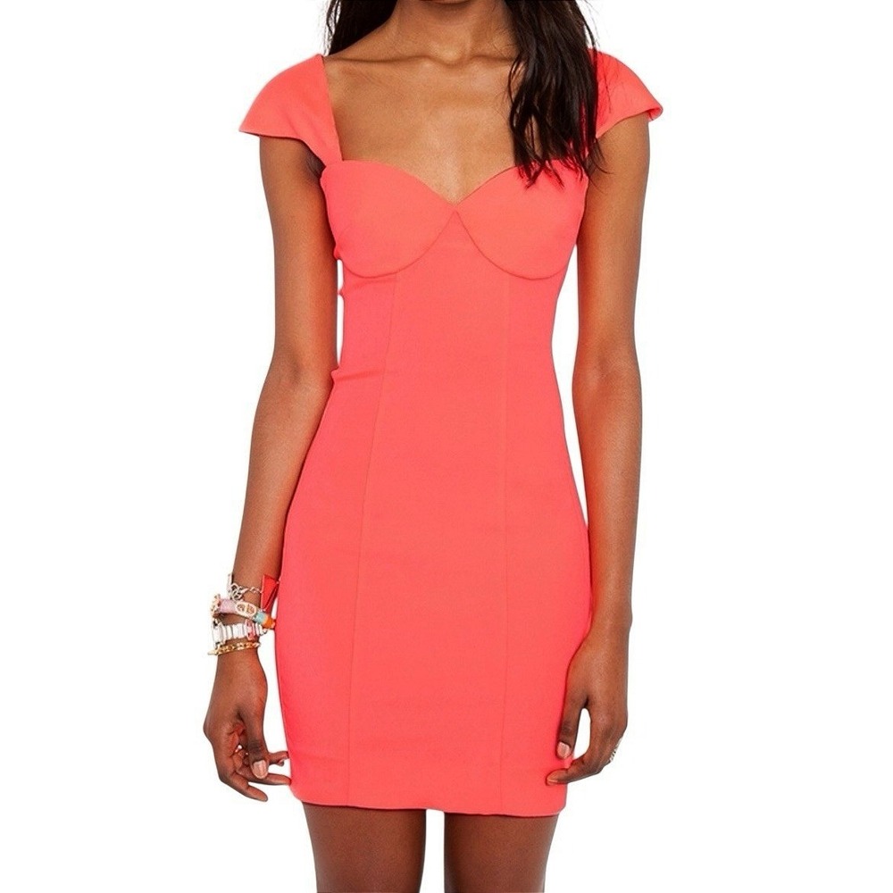 Torn by Ronny Kobo Coral Pink Bustier Mini Dress Bodycon Cap Sleeve Size S